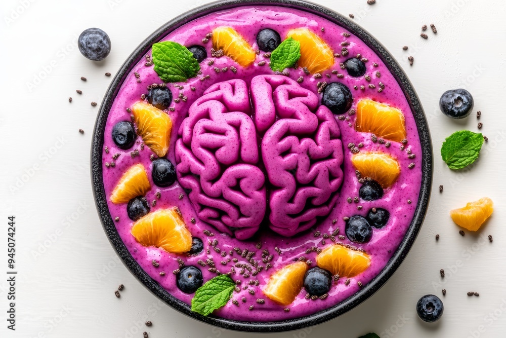 Poster top down view of a colorful smoothie bowl arranged with fresh fruits and a brain shaped topping symb