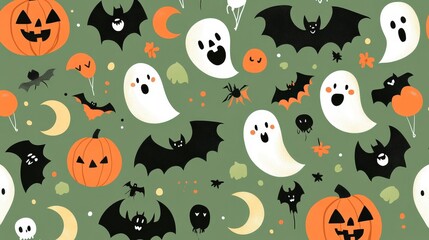 A playful Halloween-themed pattern featuring ghosts, bats, pumpkins, and festive elements.