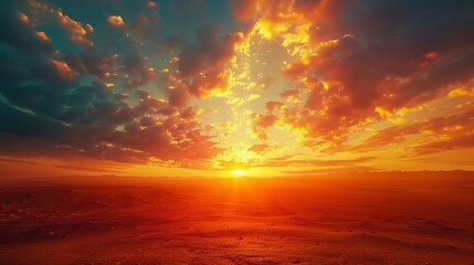 A dramatic sunset over a vast desert landscape, with colors blazing across the sky in a breathtaking display of light and shadow, inspiring feelings of awe and euphoria.