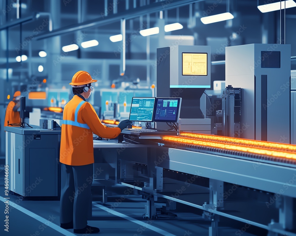 Poster male and female at electronics production line, using computer, augmented reality of conveyor belt w