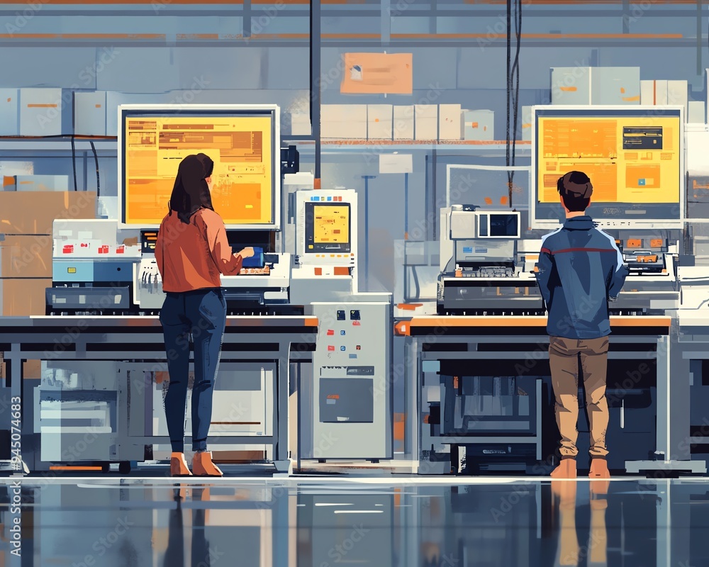 Aufkleber male and female at electronics production line, using computer, augmented reality of conveyor belt w
