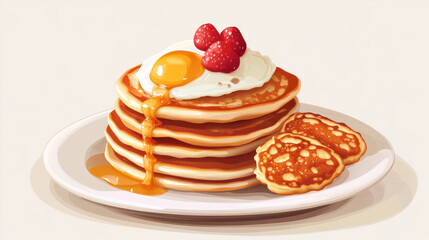 Delicious pancakes topped with sunny side up egg and fresh raspberries evoke sense of comfort and indulgence.