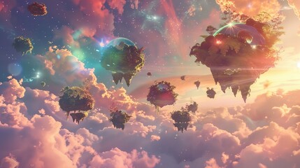 A field of floating islands, each with its own ecosystem and inhabitants, drifting lazily through a sky filled with colorful clouds and strange celestial phenomena.