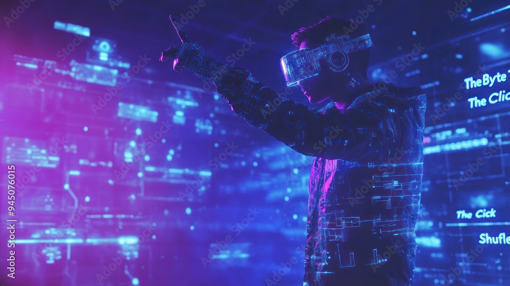 Poster man in vr headset interacting with digital interface