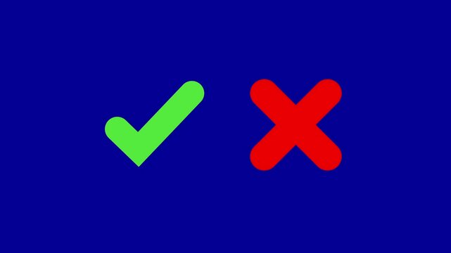 Animated Tick and cross signs. False and true, right and wrong. Correct and incorrect, accept and reject. Green checkmark and red cross on green screen, Answer right and wrong checklist pack.