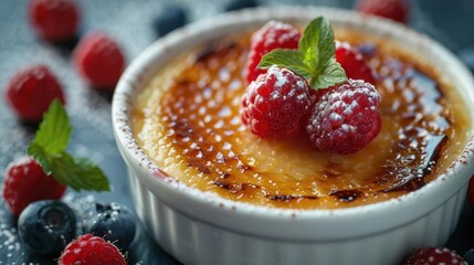 A delectable creme brulee topped with fresh raspberries and mint, perfect for dessert lovers and...