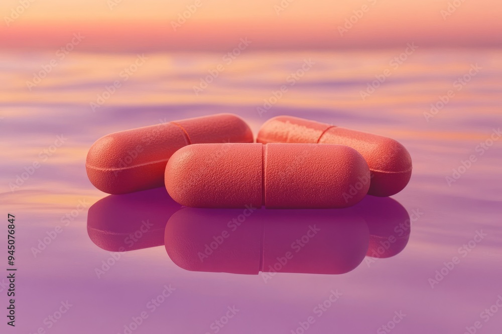 Poster floating red capsules on a reflective surface with a pink sunset background symbolizing the fusion o