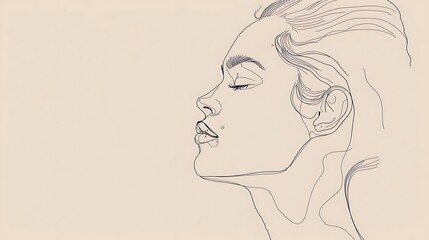 A minimalist line drawing of a lady’s profile, with smooth, continuous lines and a neutral background, creating a simple yet elegant portrait. 8k UHD, suitable for high-quality printing or digital 