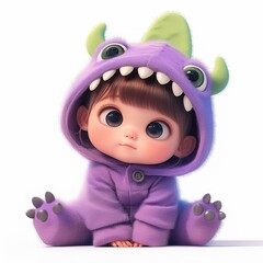 A cute cartoon baby in a purple monster onesie, sitting with a curious expression.