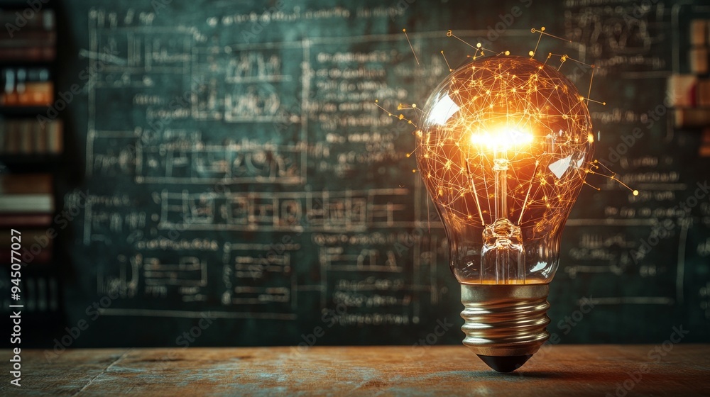 Poster a light bulb is lit up on a chalkboard with equations and diagrams