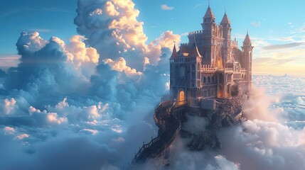 A floating castle amidst a sea of clouds, with staircases leading to nowhere and doors opening into the sky, creating a surreal and whimsical scene.