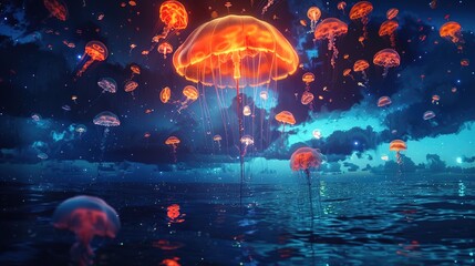 A floating umbrella surrounded by a school of glowing jellyfish, suspended in a twilight sky above a serene ocean.