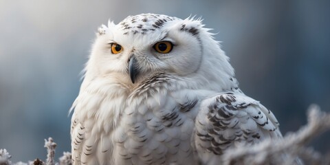 Obraz premium Majestic Snowy Owl Perched on Frosty Winter Branch with Ruffled Feathers Blowing in Cold Wind.