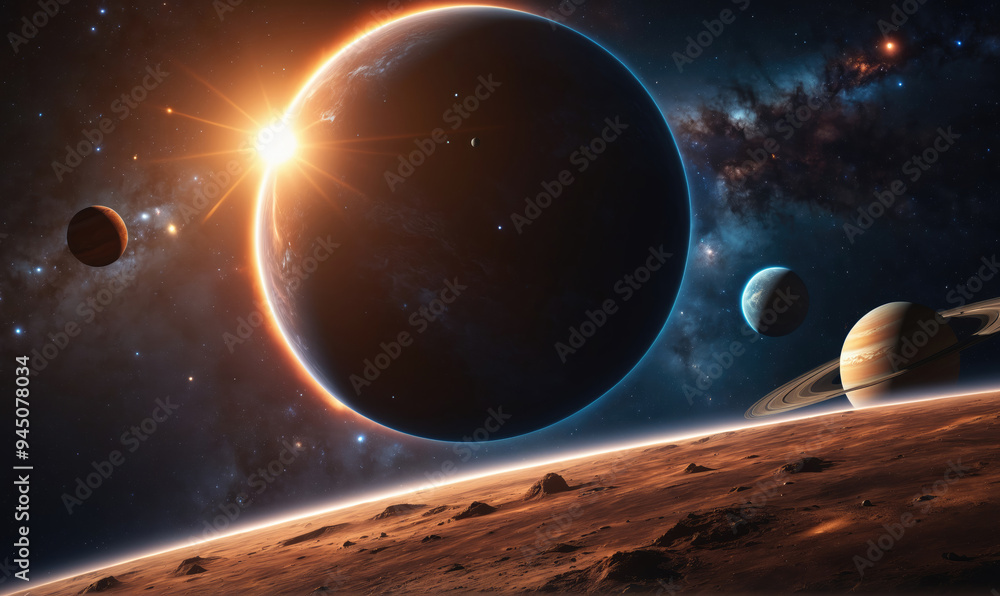 Poster a large planet eclipses a distant star, casting a shadow on a smaller, rocky planet in the foregroun