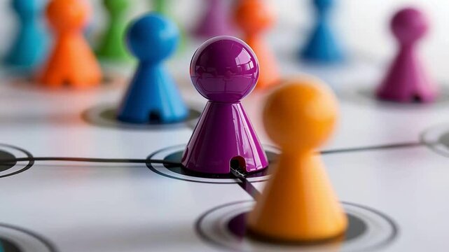 Colorful game pieces connected by strings, representing a network or team collaboration.