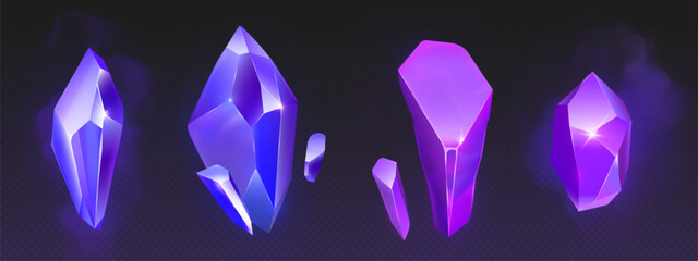 Precious gemstones set isolated on transparent background. Vector realistic illustration of blue and purple crystals in cloud of magic mist, collection of sparkling diamond, amethyst and sapphire gems © klyaksun