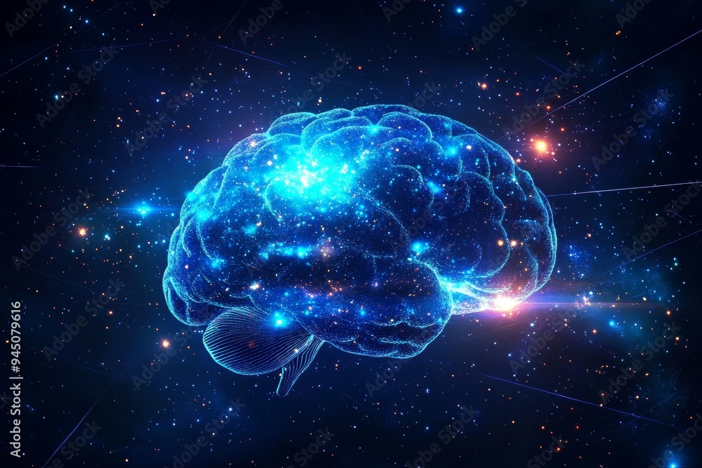 Poster glowing brain against a cosmic background representing the vastness of the mind and the infinite pot
