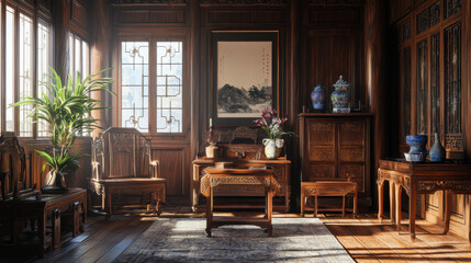 Sophisticated modern interior, influenced by Chinese design, with elegant lanterns and