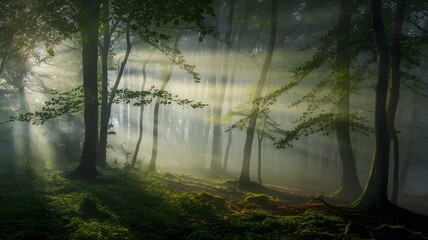 Obraz premium Mystical Forest: Embracing the Enchantment of Nature’s Foggy Embrace
