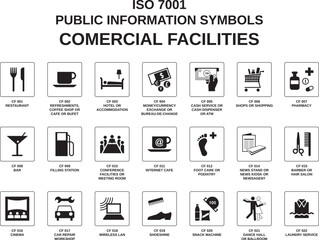 set of iso 7001 comercial facilities symbols on white background