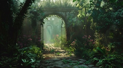 Obraz premium A magical garden hidden behind a secret door, with winding paths leading through lush foliage and mysterious creatures lurking in the shadows.