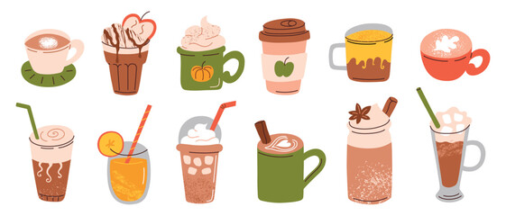 Vector illustration set of cozy autumn drinks in various mugs, collection for fall season. The cartoon hand drawn designs of hot beverages like coffee, tea, pumpkin spice latte, cafe menu