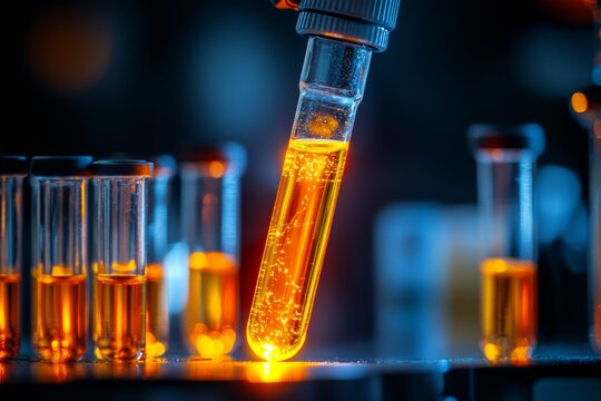 Laboratory test tubes filled with glowing liquid representing the fusion of science experimentation and discovery in a visually dynamic high tech environment