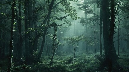 Fototapeta premium A mist-shrouded forest at twilight, with shadows dancing among the trees and the distant call of an owl echoing through the woods.