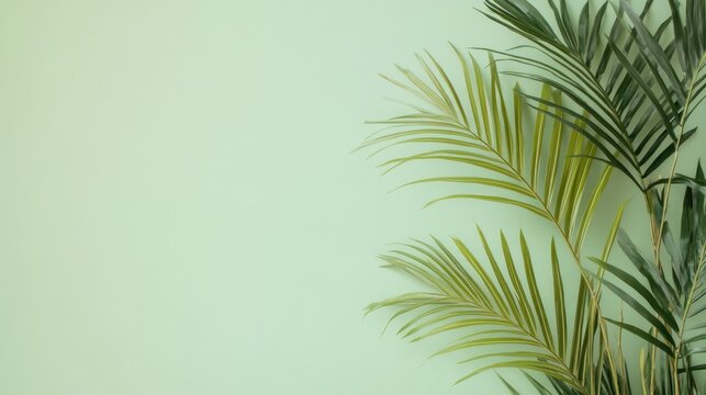 Vibrant palm branches spread gracefully against a soft green background, offering a refreshing aesthetic and ample space for adding custom text - Powered by Adobe