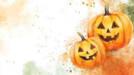 Two cheerful Halloween pumpkins are illustrated in vibrant watercolor, featuring playful faces and a cozy autumn backdrop perfect for seasonal messages