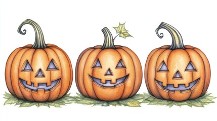 Three whimsical pumpkins, each with unique carved faces, sit among green leaves, embodying the festive spirit of Halloween in vibrant watercolor style