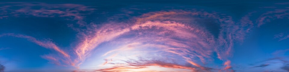 Seamless 360 HDR spherical panorama of sunset sky with vibrant pink Cirrus clouds. Full zenith or sky dome in 3D, sky replacement for aerial drone panoramas. Climate and weather change.
