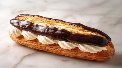 Delicious chocolate eclair with creamy filling, perfect for dessert lovers and pastry enthusiasts looking for indulgence.