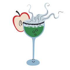 Obraz premium Vector illustration of Halloween cocktail with dry ice, mysterious poison apple drink for horror parties, spooky green bubbling beverage with steam, punch or sangria in wine glass, mixology icon