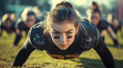 Girls performing pushups in football gear, focused and determined expressions, American football girls  fitness, Strength, discipline, fitness training