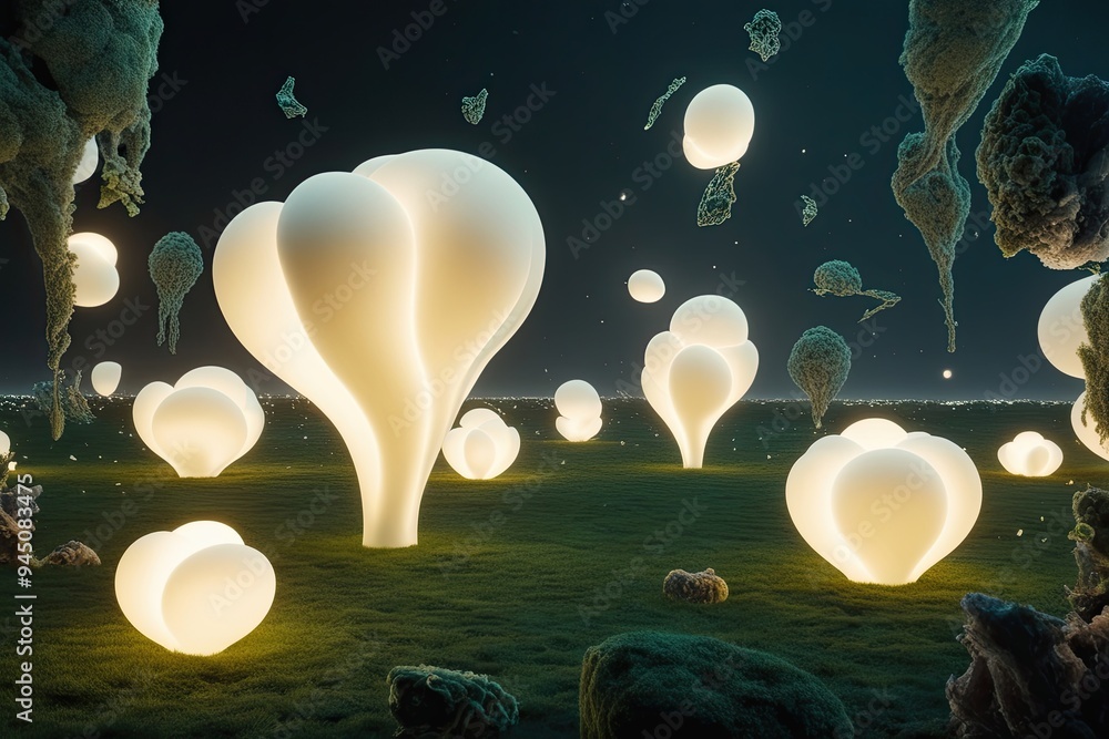 Poster dynamic 3d visualization of glowing organic shapes and fragmentation techniques