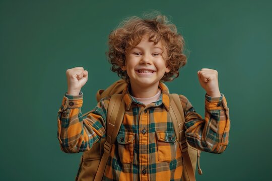 Portrait of smiling schoolboy with school bag and shows the sign approx, dressed in school uniform, isolated on only green background