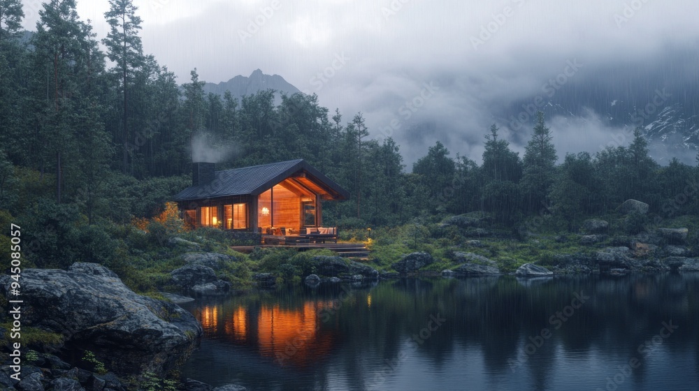 Poster a cabin is surrounded by trees and a lake