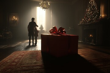 Dramatic scene with a large gift box as a centerpiece in a dimly lit room symbolizing the mystery surprise and anticipation of receiving a special present