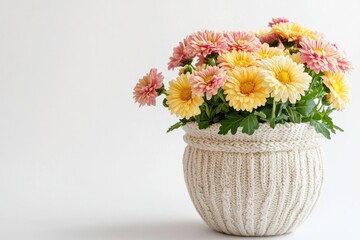 A knitted pot filled with pink and yellow daisies against a plain background.
