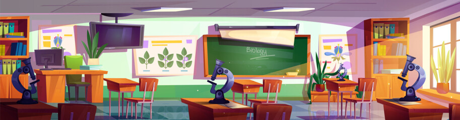Obraz premium School classroom interior for biology learning with teacher and student tables, green chalkboard and posters on wall, plants and laboratory equipment microscope. Cartoon vector empty schoolroom.