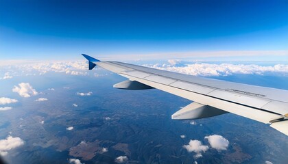 Fototapeta premium The view from the airplane window, showing a panoramic view of the sky and clouds or the landscape below. generative ai