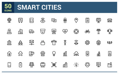 Smart cities icon set. Collection modern infographic logo and pictogram. Pixel perfect, minimalistic web and UI icon. Outline icon collections.