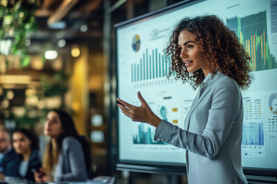 Businesswoman is using a digital tablet and analyzing financial data on an interactive whiteboard, working on a business project in a modern office