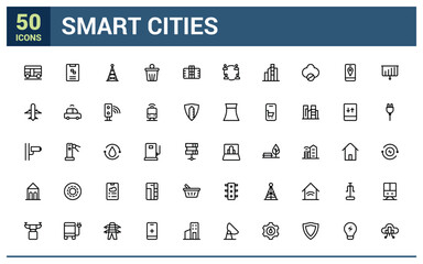 Smart cities icon set. Collection modern infographic logo and pictogram. Pixel perfect, minimalistic web and UI icon. Outline icon collections.
