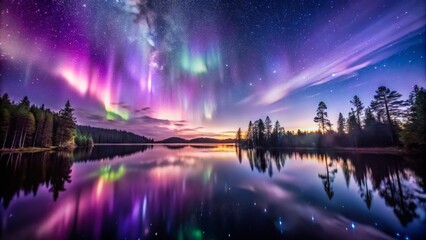 Fototapeta premium * Polar lights dance across a starry night, wispy clouds glisten with silver, ethereal mist surrounds twinkling constellations, and a tranquil lake reflects a forest's silhouette.