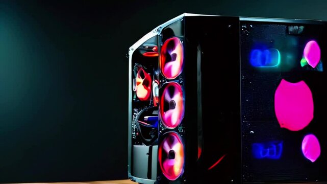 A close-up of a black gaming PC case with red LED lighting on the fans and motherboard. The case is open, revealing the internal components.