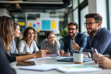 Diverse business team brainstorming and collaborating in a modern office setting, focusing on laptops and documents. Blue background adds professionalism