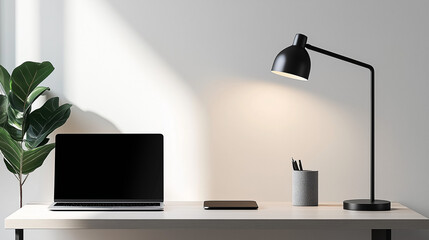 Modern desk setup with a laptop, smartphone, desk lamp, and plant, showcasing a clean and minimalistic workspace design