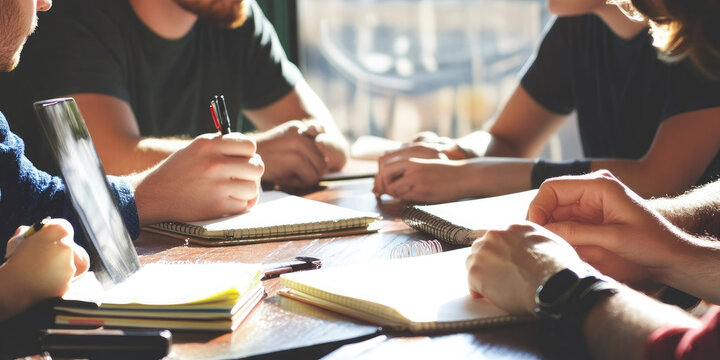 Group of young people are taking notes during a lesson in the classroom. They are sitting at a desk by the window on a sunny day